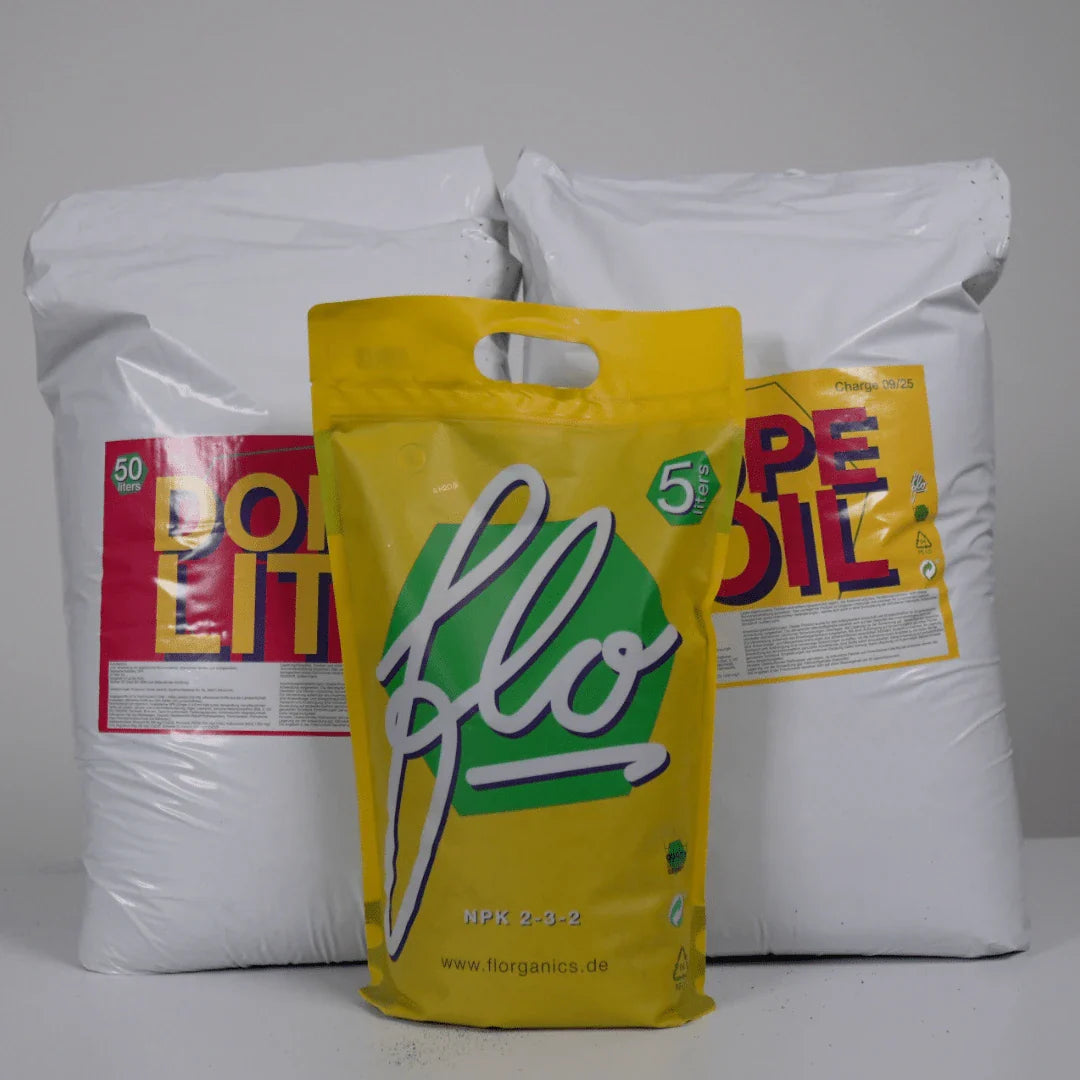 Florganics Komplett-Bundle: Dope Soil, Dope Lite und FLO Dünger für professionelle Living Soil Kultivierung