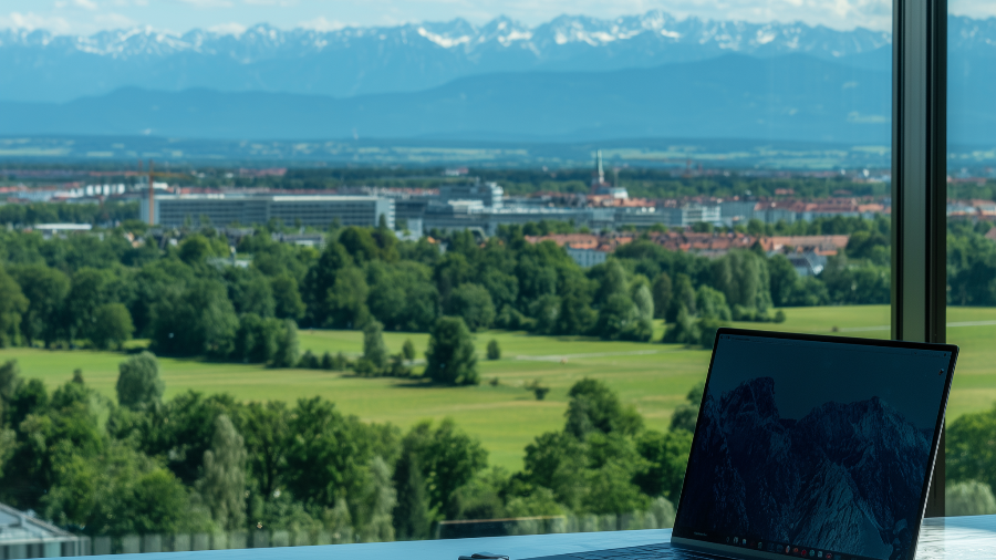 A panoramic view of the alps from the perspective of someone sitting on a desk in a tall office building in Munich.
